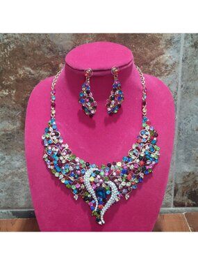 Multicolor Rhinestone Statement Necklace Earrings Set Gold Tone Bib Bridal Prom